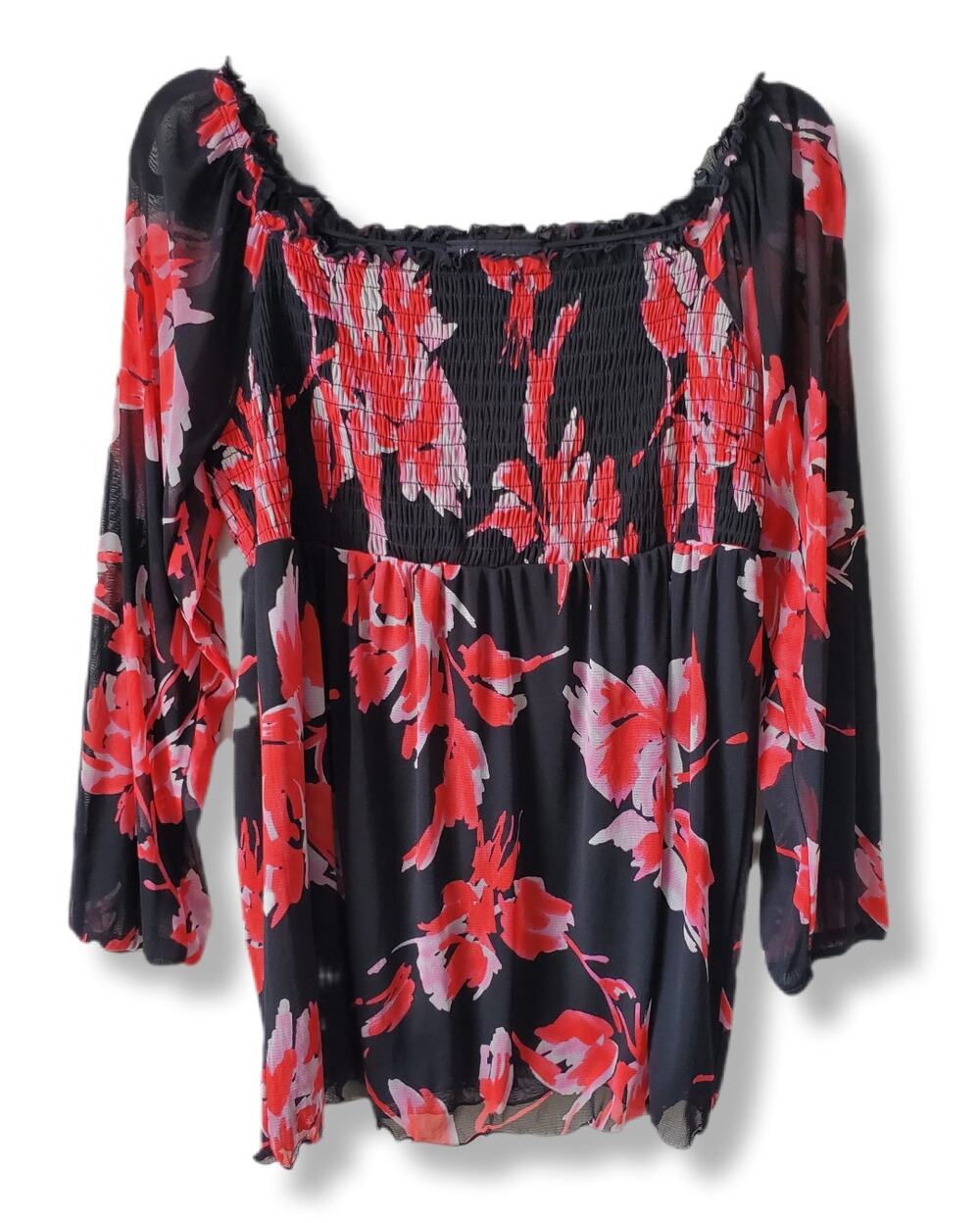 Vtg Women Black Red Floral Sheer Babydoll Milkmaid Top L Whimsy Dark Romance